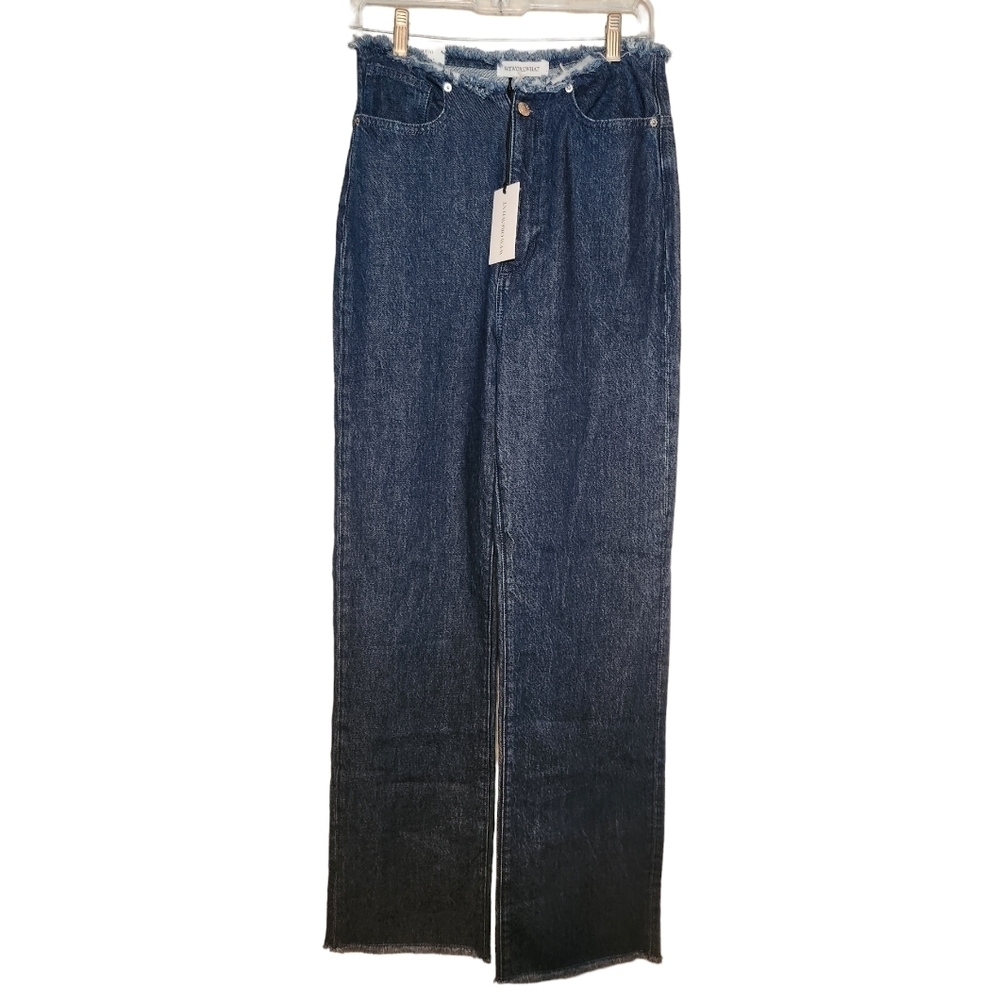 WeWoreWhat Indigo Denim True Blue Frayed Straight Wide Leg Raw Hem Jeans Size 27 - Picture 3 of 9